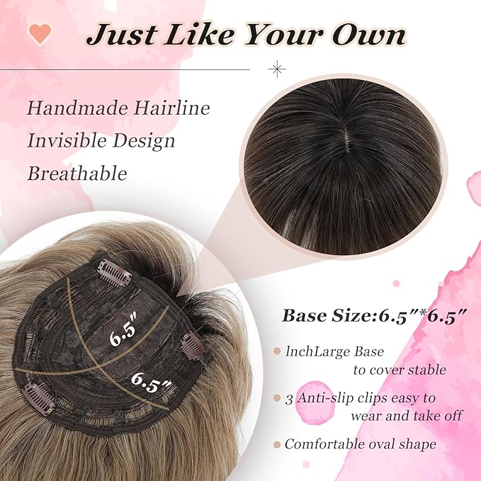 Hair Topper, 360° 3D Hair Toppers for Women with Thinning Crown, 20 Inch Long Wavy Curly Hair Pieces Clip in Bangs (Ombre Highlights Brown with Dark Root, 20 inch, French Bangs)