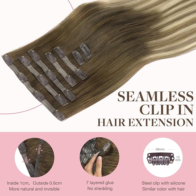 GOO GOO Clip in Hair Extensions Real Human Hair, Remy Human Hair Extensions Clip ins for Women, Natural Human Hair, 16inch 110g 7Pcs, 3/8/613 Balayage Walnut Brown to Ash Brown and Bleach Blonde