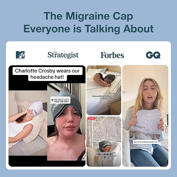MyHalos® Migraine Relief Cap, 30% Thicker, 2X More Cooling Gel - Stays Colder for Longer, Ice Hat, Ice Pack Head Wrap, Cold Headaches & Migraine Mask - Hangover, Tension Headache Relief Cap (Gray)