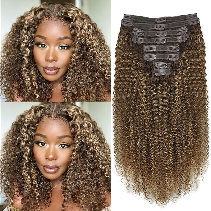 Kinky Curly Clip in Hair Extensions Real Human Hair 4/27/4 Omber Kinky Curly Clip ins For Women 3c 4a Brazilian Virgin Clip on Hair (18inch,#4/27/4)