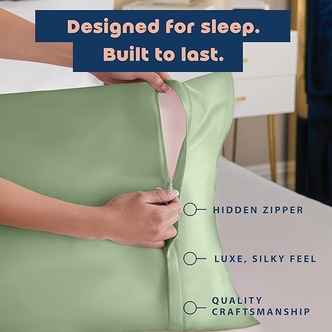 BLISSFORD Satin Pillowcase with Zipper, for Hair and Skin Care, Feels Soft and Cool Like a Silk Pillowcase, Satin Pillow Cases 2 Pack, Slik Pillow Cover, Sage Green - Queen Size - Set of 2