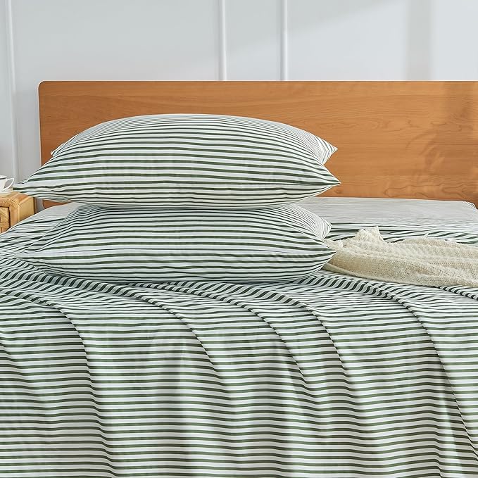 JELLYMONI 100% Natural Cotton Striped Queen Pillowcases Set, 2 Pack White and Green Stripes Pattern Printed Pillow Covers with Envelope Closure(Pillows are not Included)