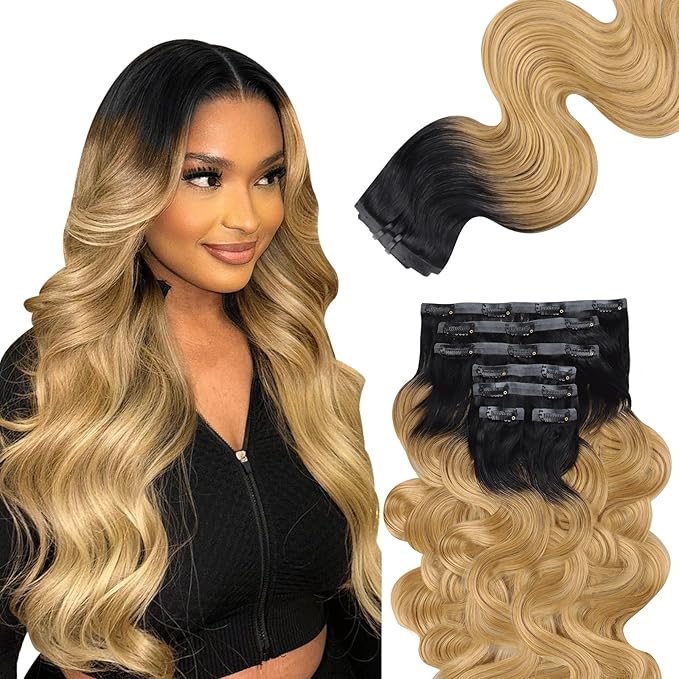 Lashey Body Wave Clip in Hair Extensions Real Human Hair 110g 7pcs 16 Inch Ombre Natural Black to Honey Blonde Seamless Clip in Hair Extensions Human Hair with PU Soft Invisi Edge