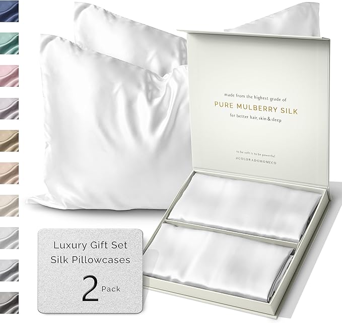 SUNDAYSILKS™ Silk Pillow Cases 2 Pack | 22 Momme Mulberry Silk Pillowcase Set of 2 | Standard Queen, King Size | All Sides 100% Pure Silk Slip Pillowcase Bliss for Women, Men with Zipper [Pure White]
