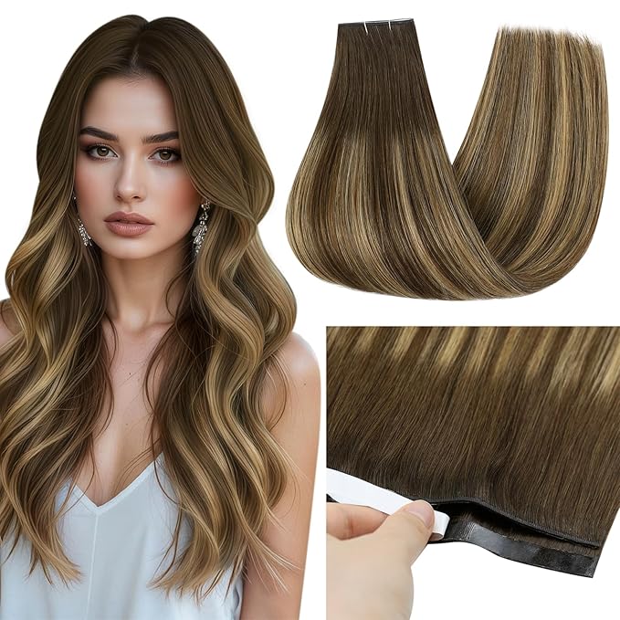 Full Shine Wide Tape Long Weft Tape in Hair Extensions Color 4/24/4 Balayage Genius Weft Tape in Extensions Human Hair 20Inch 50G Seamless Double Weft One Piece Natural Travel Friendly Styling