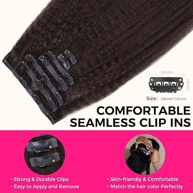 Lashey Seamless Clip in Hair Extensions Human Hair #2 Dark Brown Kinky Straight 7pcs 110g 16 Inch PU Weft Human Hair Clip in Extensions for Women