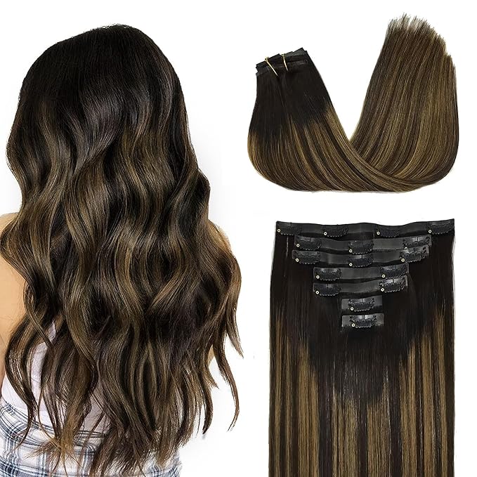 GOO GOO Clip in Hair Extensions Real Human Hair, Remy Human Hair Extensions Clip ins for Women, Natural Human Hair, 16inch 130g 7Pcs, 1B/6/1B Balayage Natural Black to Chestnut Brown