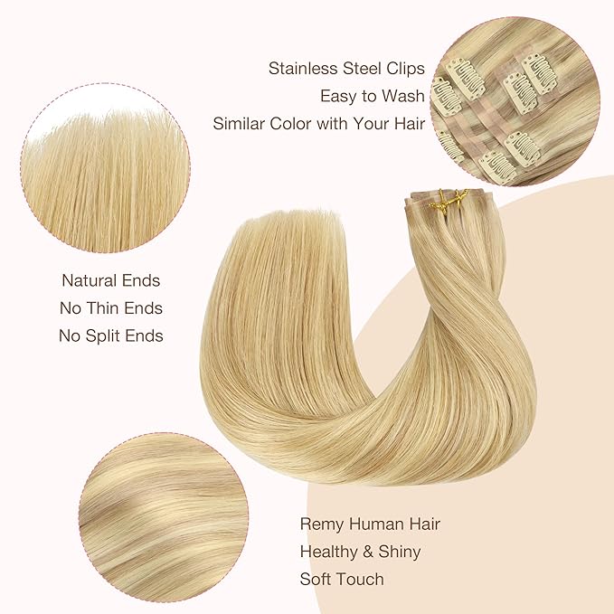 GOO GOO Clip in Hair Extensions Real Human Hair, Remy Human Hair Extensions Clip ins for Women, Natural Human Hair, 20inch 110g 7Pcs, 18D/22F Dirty Blonde Highlights