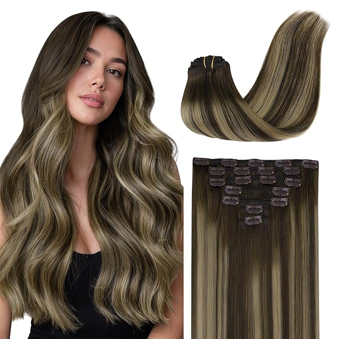 GOO GOO Clip in Hair Extensions Real Human Hair, Remy Human Hair Extensions Clip ins for Women, Natural Human Hair, 22inch 120g 7Pcs, 4/26/4 Balayage Chocolate Brown to Honey Blonde