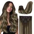 GOO GOO Clip in Hair Extensions Real Human Hair, Remy Human Hair Extensions Clip ins for Women, Natural Human Hair, 22inch 170g 7Pcs, #4/26/4 Balayage Chocolate Brown to Honey Blonde