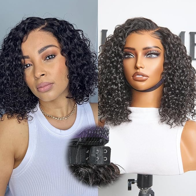 LUVME HAIR Curly Deep Wave Glueless Lace 100% Human Hair Short Wigs 12 Inches Pre Cut Plucked Hd Lace Wig Ready To Go Natural Color Bleached Knots Side Part Black Wigs 12 Inches
