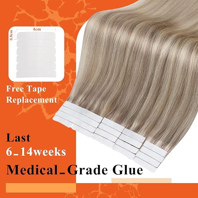 Full Shine Seamless Tape in Hair Extensions 12Inch Color 18 Ash Blonde Highlight 613 Blonde Double Side Invisible Tape in Extensions Short Straigh Real Human Hair 30 Gram Add Volume 20Pcs for Party