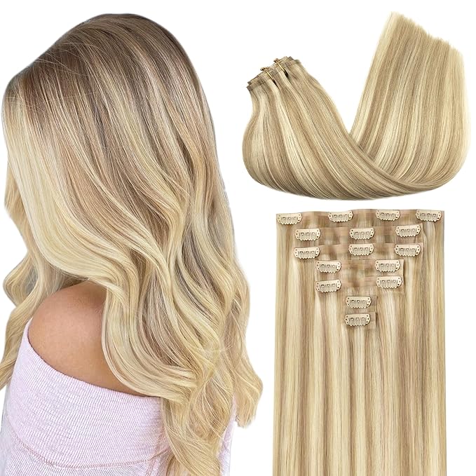 GOO GOO Clip in Hair Extensions Real Human Hair, Remy Human Hair Extensions Clip ins for Women, Natural Human Hair, 20inch 110g 7Pcs, 18A/613A Dark Blonde Highlighted Bleach Blonde