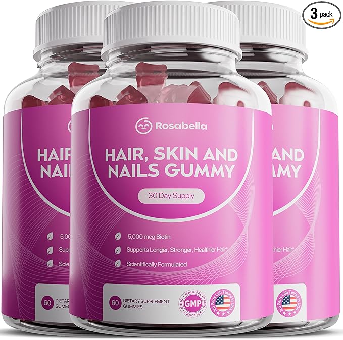 Rosabella® Hair Growth Vitamin Gummies [60 Gummies] Biotin for Faster Hair Growth Women & Men - Nail, Skin (5.000mcg Biotin) (60 Count (Pack of 3))