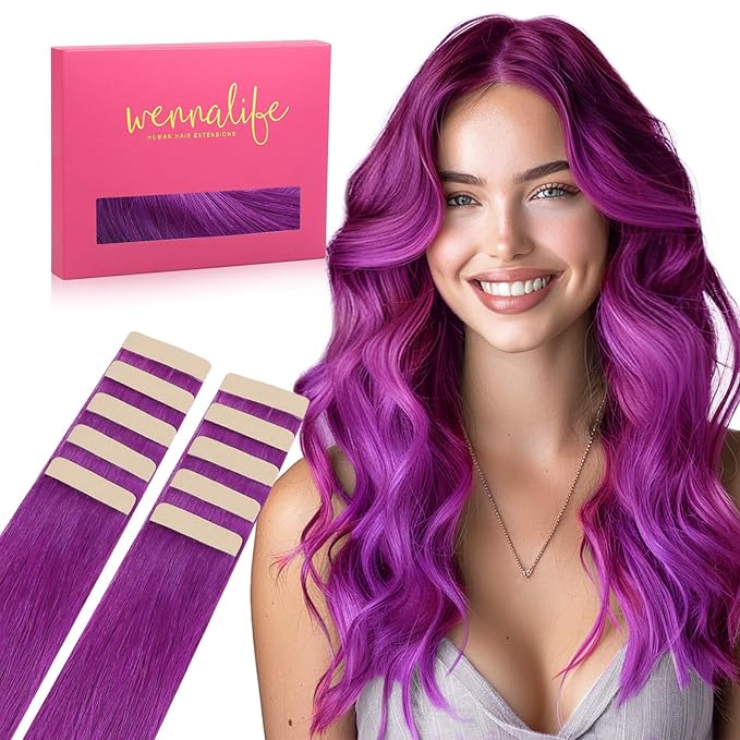 WENNALIFE Tape in Hair Extensions Human Hair Purple Tape in Extensions, 10pcs 30g 22 inch Remy Invisible Tape Ins Straight Colored Soft Real Human Hair Tape in Extensions Refill Set Extensions