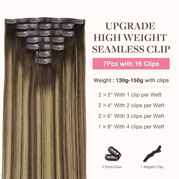 GOO GOO Clip in Hair Extensions Real Human Hair, Remy Human Hair Extensions Clip ins for Women, Natural Human Hair, 22inch 160g 7Pcs, #4/27/4 Balayage Chocolate Brown to Caramel Blonde