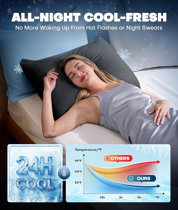 Ultra-Chill Cooling Pillowcase Set of 2 for Hot Sleepers, Softer Than Silk Pillow Cases for Protecting Hair & Skin, Breathable Bed Pillow Covers w/Zipper, Gifts for Women & Men(Dark Gray, King)