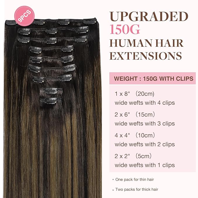 GOO GOO Clip in Hair Extensions Real Human Hair, Remy Human Hair Extensions Clip ins for Women, Natural Human Hair, 18inch 150g 9Pcs, 2/6/2 Balayage Dark Brown to Chestnut Brown