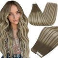 Full Shine Tape ins Human Hair Extensions Color 7 Brown Ombre 1000 Blonde And 7 Brown Human Hair Extension Tape ins 16 Inch Invisible Seamless Remy Tape Hair Extensions for Wedding 50Gram 20Pcs