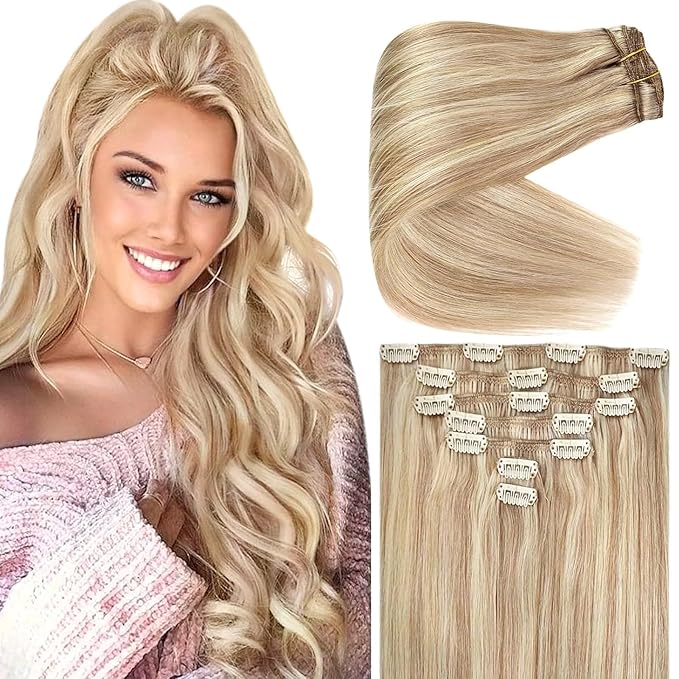 Ve Sunny Clip in Hair Extensions Real Human Hair Blonde Highlight Warm Color Remy Hair Clip on Hair Extensions for Women Short 5pcs 80g 12 inch
