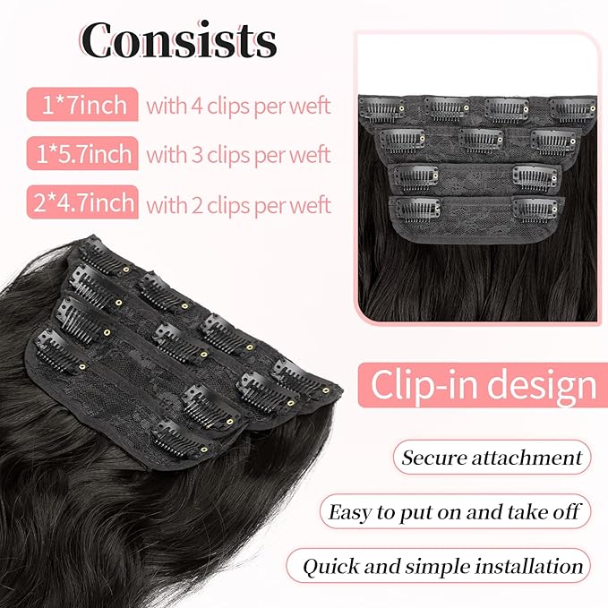 KooKaStyle Clip in Long Wavy Synthetic Hair Extension 20 Inch 4PCS Dark Brown Hairpieces Fiber Thick Double Weft Hair Extension for Women