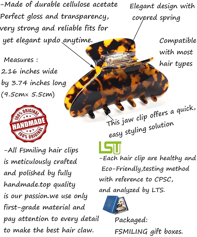 Big Claw Hair Clips for Women Girls Tortoise Hair Jaw Clips Large Hair Claw Clamps Celluloid Hair Clasp 2 Pack