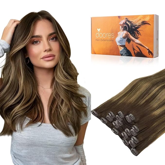 DOORES Hair Extensions Clip in Chocolate Brown to Caramel Blonde Balayage Remy Clip in Human Hair Extensions Natural Weft 120g 7pcs 18 Inch