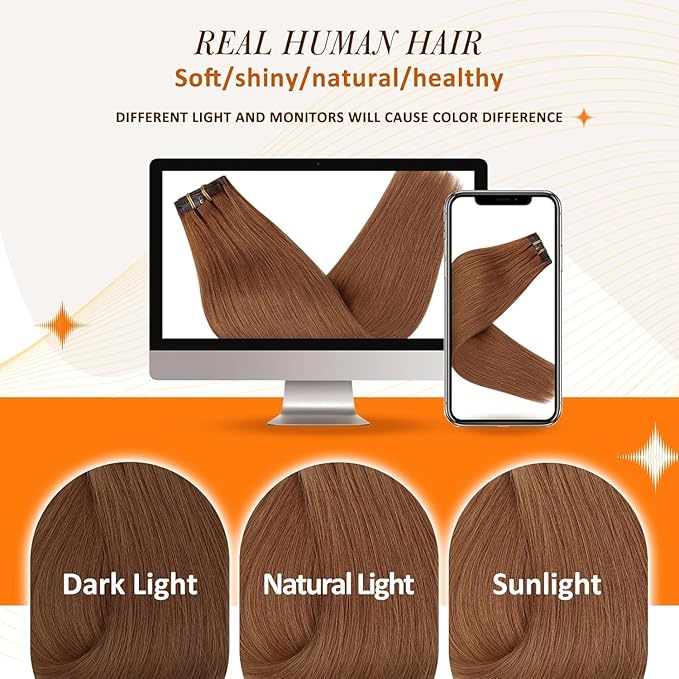 Full Shine Seamless Human Hair Clip in Extensions Copper Seamless Clip in Hair Extension Real Human Hair 24 Inch Straight Clip ins for Women Add Volume 8 PCS 120 G