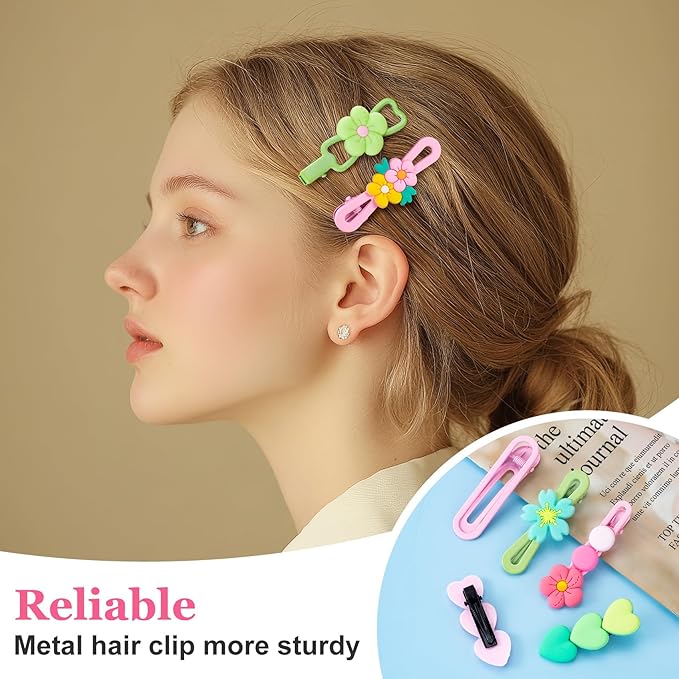 28pcs Cute Candy Hair Clip, Non-Slip Snap Clip for Teen Women, Star Flower Muti-Shape Hairpin Cute Barrettes Hair Accessories for Thin Thick Long Short Hairstyles- Pink & Green