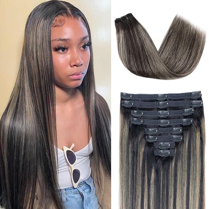 FB27 Balayage Clip In Hair Extensions Real Human Hair Straight Highlight Clip ins for Black Women 8Pcs with 18Clips 120g 20inch #T1B/1B/27 Balayage Black to Blonde