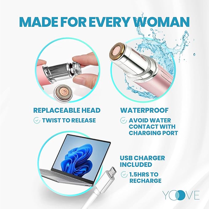 Yoove Rose Pink Rechargeable Device for Facial Hair Removal for Women - Waterproof Facial Hair Remover for Women