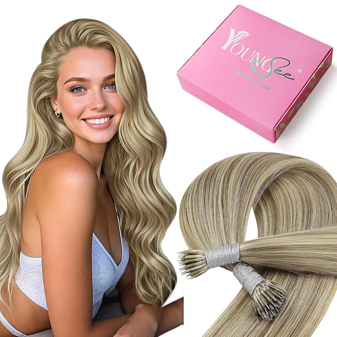 YoungSee Nano Extensions Human Hair Highlight Light Brown and Platinum Blonde Nano Bead Hair Extensions Human Hair Light Brown Nano-Tip Cold Fusion Hair Extension for Daily Use 14inch 50s 50g