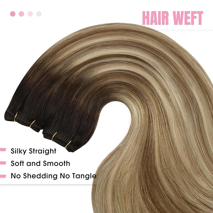 YoungSee 125g Human Hair Sew in Extensions Brown Balayage Sew in Hair Extensions Balayage Darkest to Medium Brown with Blonde Weft Hair Extensions Human Hair for Full Head 22Inch