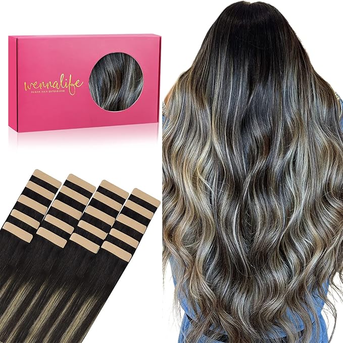 WENNALIFE Tape in Hair Extensions Human Hair, 20pcs 50g 18 inch Natural Black to Light Blonde Remy Hair Extensions Straight Human Hair Tape in Extensions Skin Weft Tape Extensions Human Hair