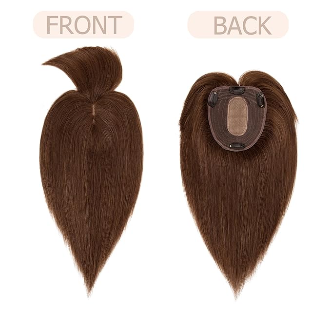 Hair Toppers for Women Real Human Hair With Bangs, 13 * 15 cm Larger Silk Base 150% Density Clip In Topper Hairpieces, Wiglet Top Pieces Add Volume -14 Inch 04 Medium Brown