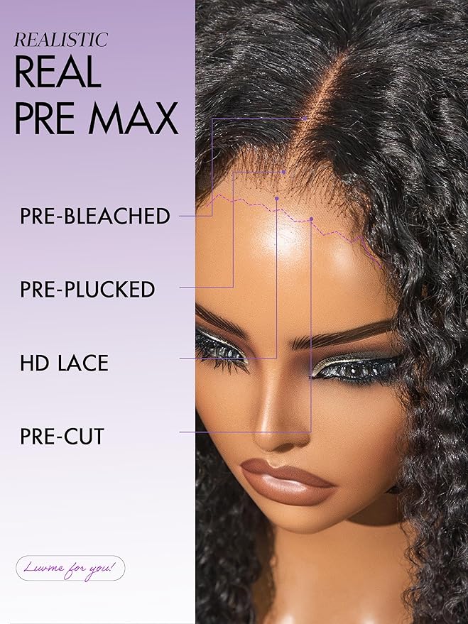 LUVME HAIR 5X5 Kinky Curly 200% Human Hair Wigs Glueless Lace Front 18 Inches Pre Cut Plucked Hd Lace Wig Ready To Go Natural Color Flexi-Fit Drawstring Cap Bleached Knots Black Wigs