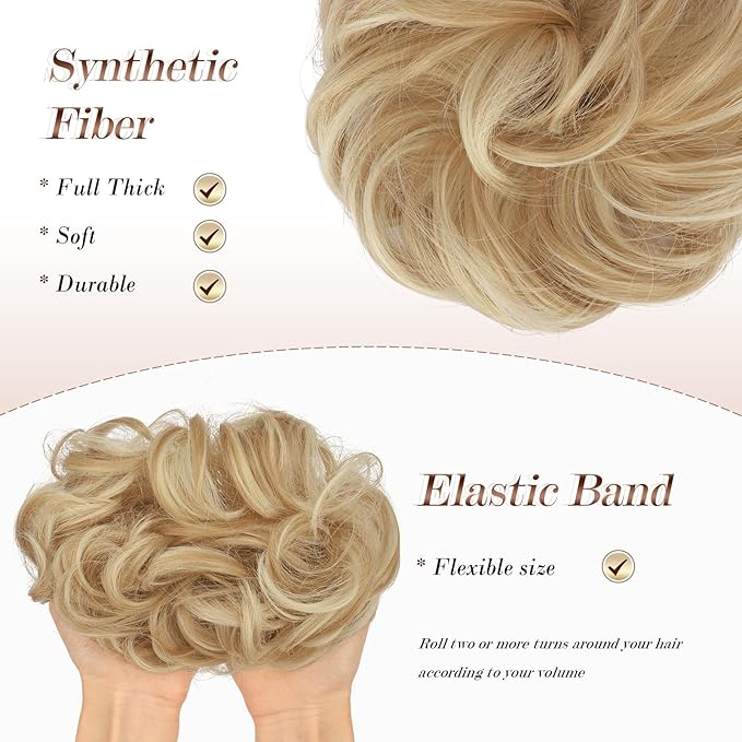FESHFEN Messy Bun Hair Pieces - Large Wavy Curly Elastic Hair Bun Scrunchies Ponytail Extensions Synthetic Chignon Hairpieces for Women, Dark Golden Mix Beige Blonde 1.94oz