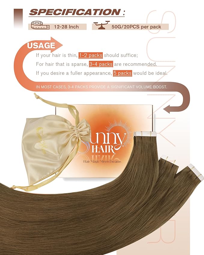 Sunny Hair Tape in Hair Extensions Real Human Hair Invisible Remy Hair Extensions Tape ins for Women Light Brown 12 inch 20Pcs