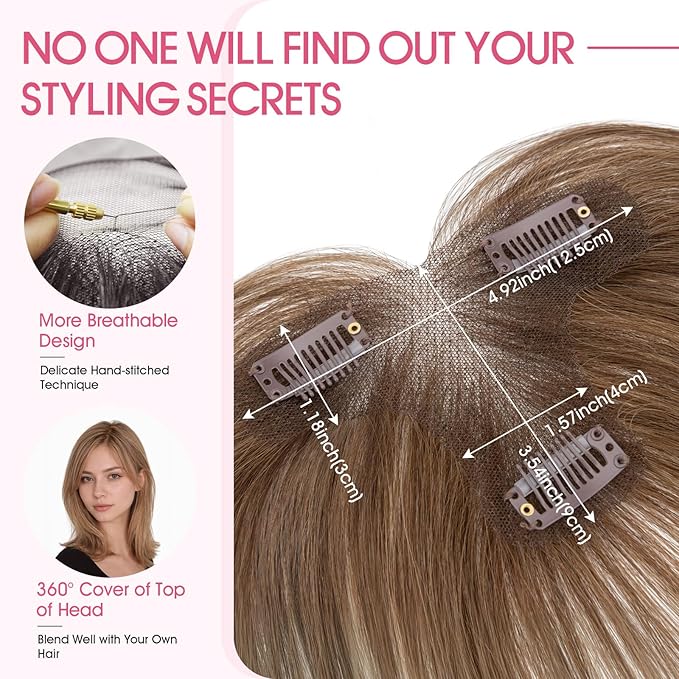 Hairro Human Hair Toppers with Side Bangs, 3D 360° Seamless Real Hair Toppers, Hand-Tied with 3.5"x4.7" T-shaped Base, Clip-In Hairpieces to Add Volume on Top, 11 Inch Medium Brown