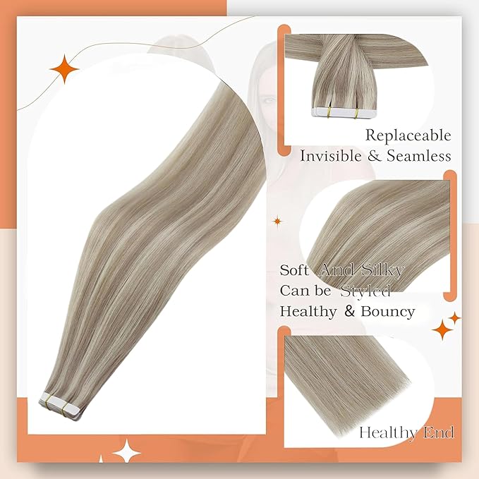 Full Shine Tape ins Human Hair Extensions Color 18 Ash Blonde Highlight 613 Blonde Tape in Hair Extensions 24Inch Invisible Remy Skin Weft Add Length 40Pcs 100Gram Soft Silky
