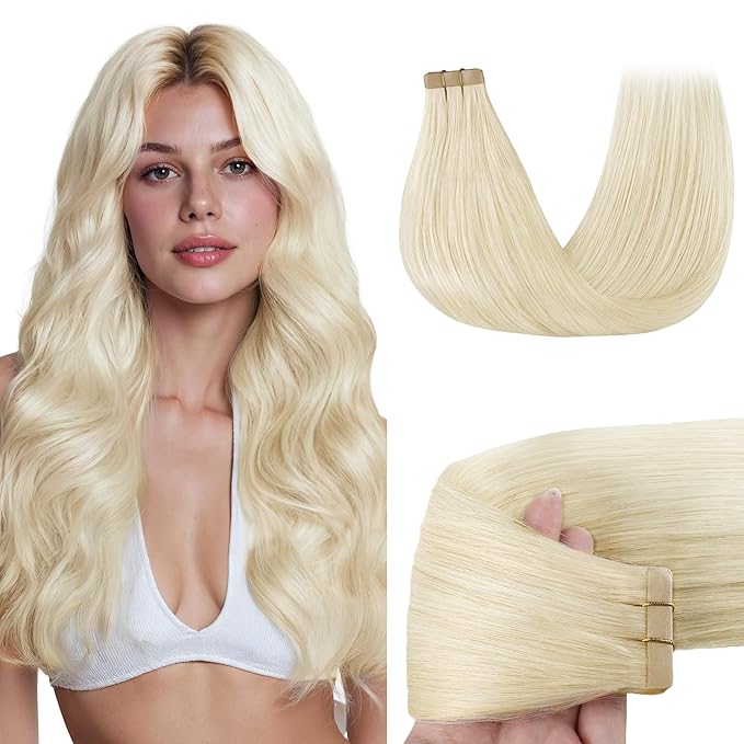 GOO GOO Tape in Hair Extensions Human Hair, 1000 Pure Platinum Blonde, 24inch 50g 20pcs, Skin Weft Seamless Invisible, Silky Straight with Thick Ends, Remy Human Hair