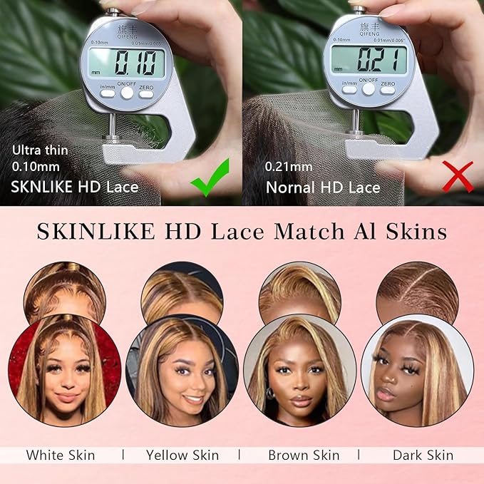 34 Inch Highlight Ombre Lace Front Wig 13x4 Full Frontal Lace Wig Skinlike HD Lace Wig Body Wave lace front Wigs for Women 15A Pre Plucked with Baby Hair 4/27 honey blonde 200% Density