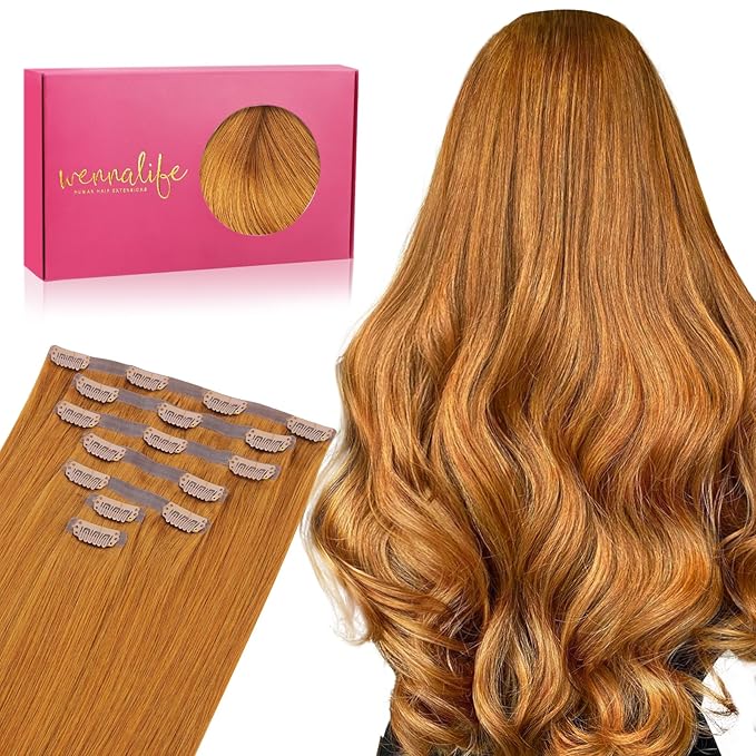WENNALIFE Seamless Clip In Hair Extensions Human Hair, 24 Inch 160g 7pcs Auburn Ginger Real Hair Extensions Clip in Human Hair Invisible PU Skin Weft Natural Remy Human Hair Extensions