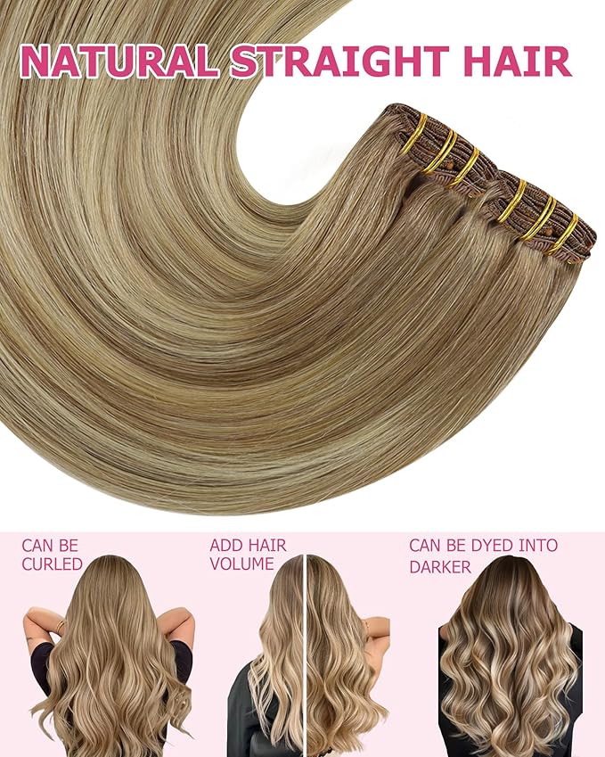 YoungSee 150g Balayage Clip in Hair Extensions Real Human Hair Light Brown Mix Platinum Blonde Balayage Real Hair Extensions Clip in Human Hair Easy to Wear Clip in Extensions 24 inch 7pcs