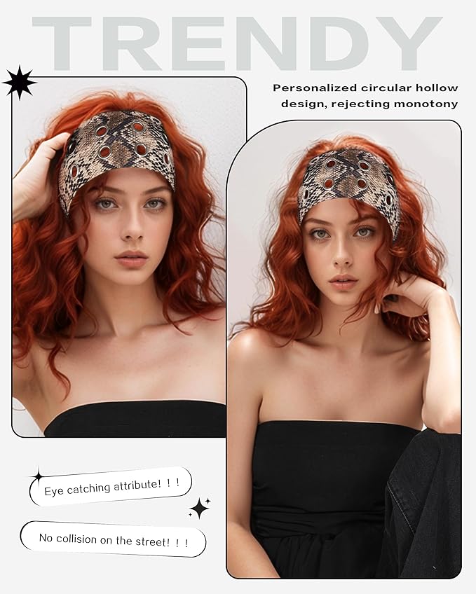 Grommet Headband for Women, Brown Snakeskin 23cm Hollow Out Elastic Hair Band, Eyelets Punk Grunge Stylish Hairband