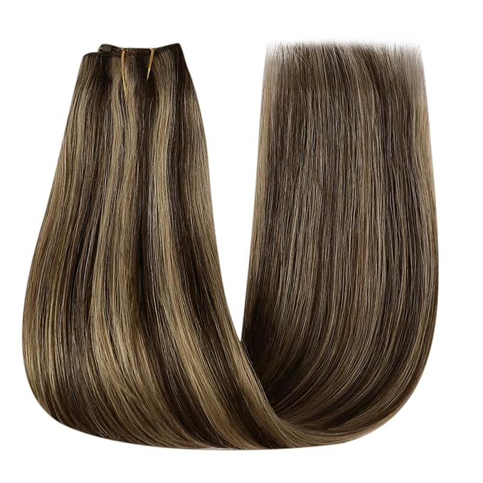 YoungSee Wire Hair Extensions Highlight Wire Human Hair Extensions Dark Brown Highlights Caramel Blonde One Piece Hair Extension Short Straight Hair 12inch 70g