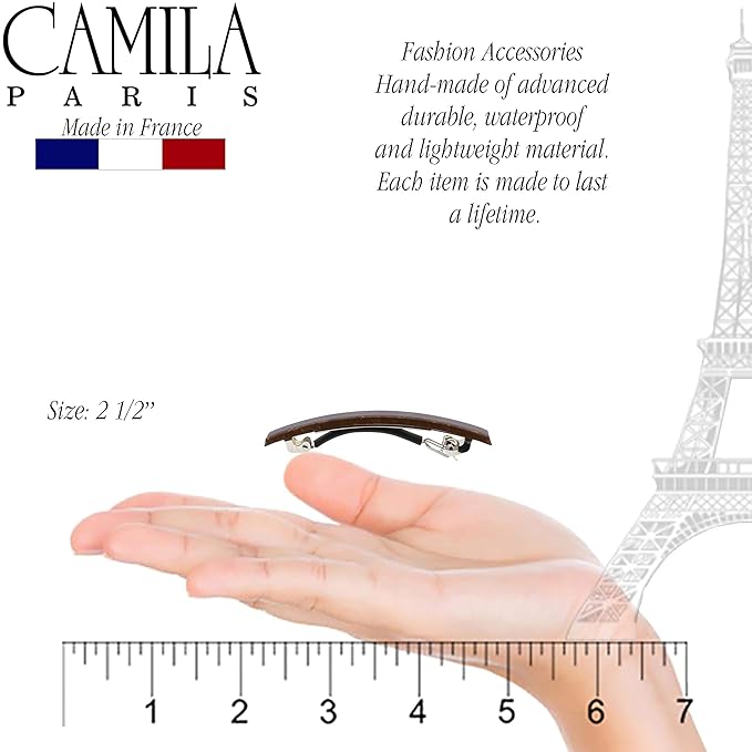 Camila Paris CP3075 French Hair Barrette Clip for Girls, Set of 2 Brown Rubberized Metal Clasp Strong Hold Grip Hair Clips for Women, No Slip Durable Styling Girls Hair Accessories, Made in France