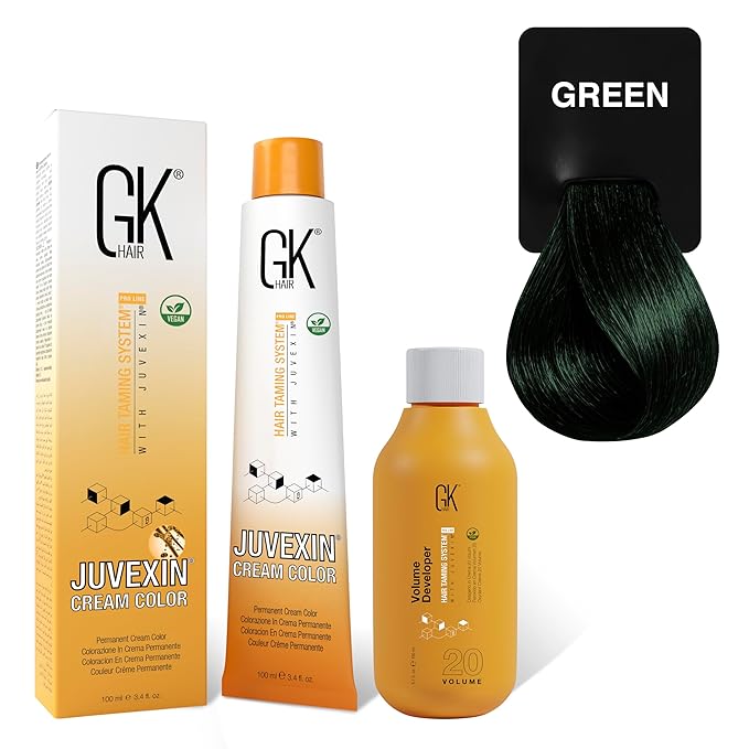 GK HAIR Global Keratin Mixtones Green Hair Color Cream Tube (3.4 Fl Oz/100ml) + 20 Volume Developer (5 Fl Oz/150ml) - Professional Permanent Long Lasting Toner Dye