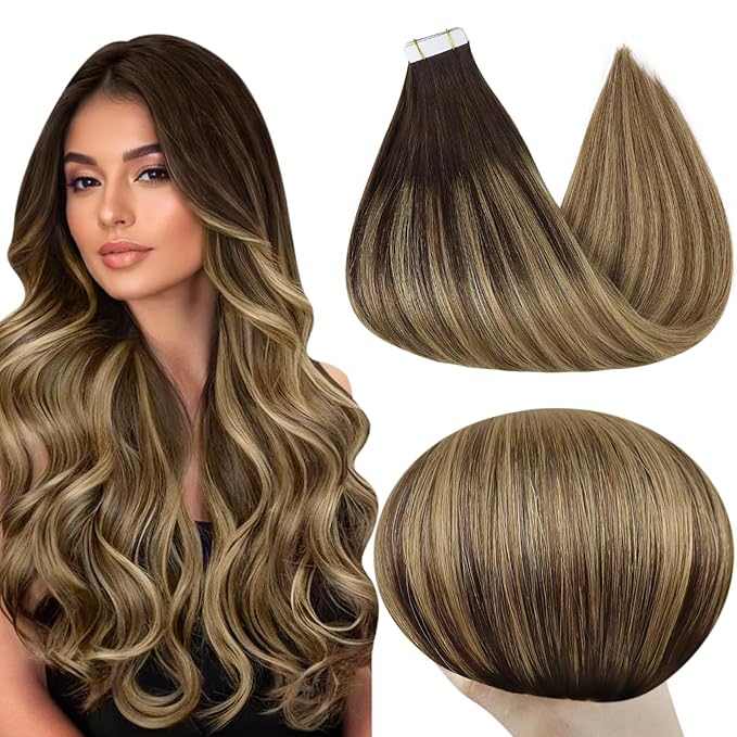 Full Shine Balayage Tape in Hair Extensions Human Hair Color 2 Brown Fading To 8 Ash Brown and 27 Blonde Invisible Double Sided Tape in Human Hair Extensions 14 Inch Soft Hair Extensions 50G 20 Pcs