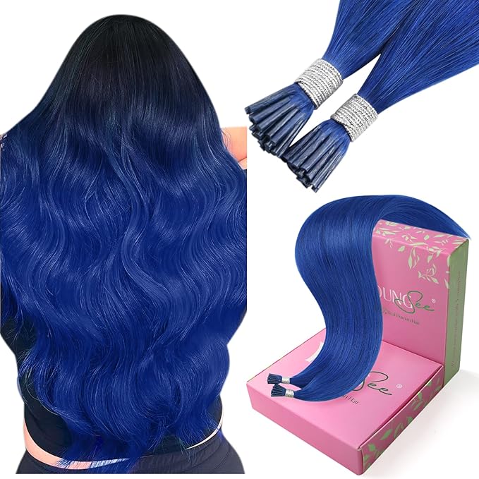YoungSee I Tip Hair Extensions Human Hair Blue Itip Hair Extensions Real Human Hair Colored 14 Inch I-Tip Extension Pre Bonded Hair-Extensions I Tip Softness for DIY 40s 25g